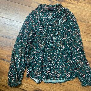 Maeve by Anthropologie blouse top green leopard print button long sleeve Sz 8